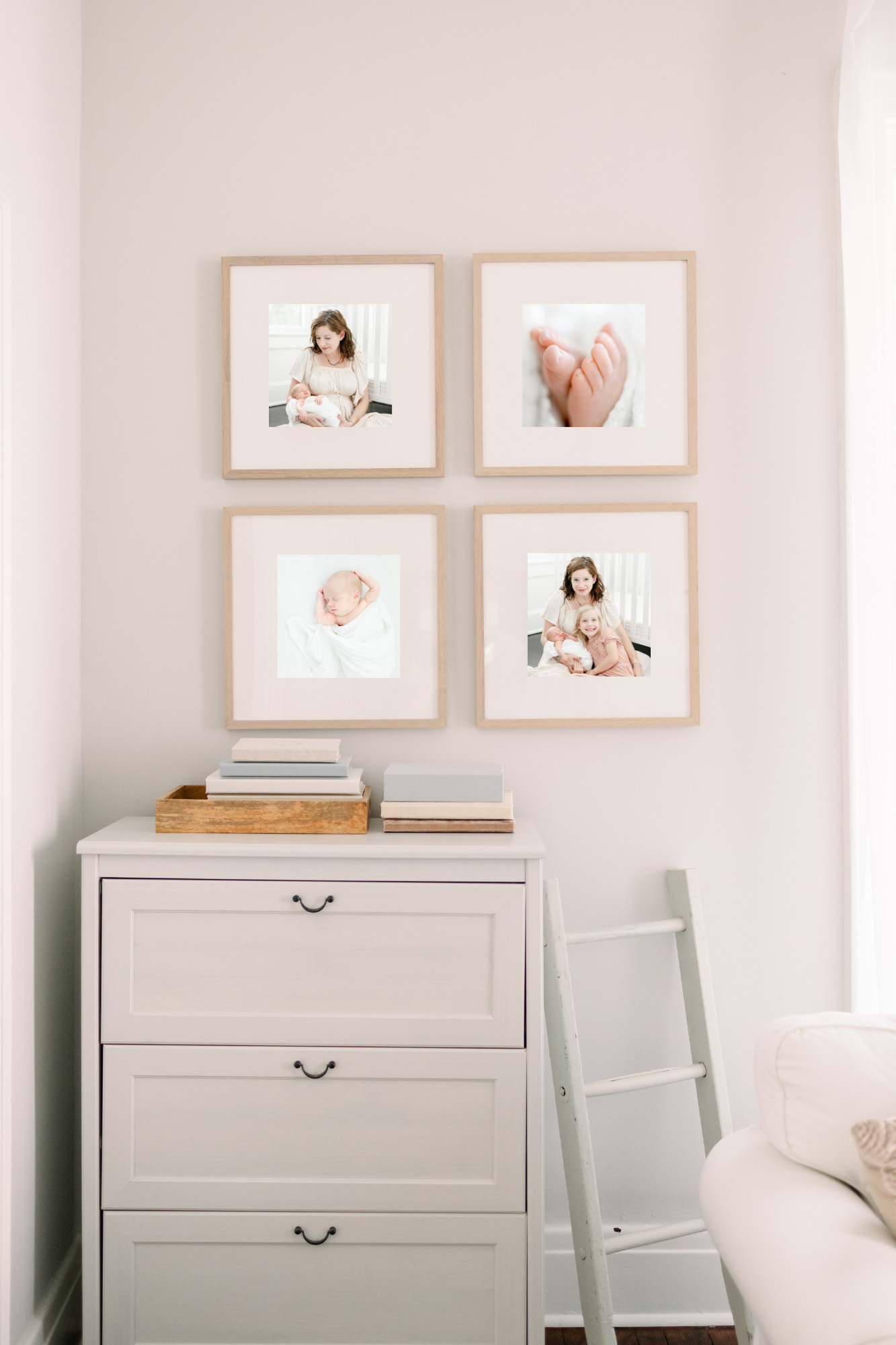 client gallery wall with four printed and framed images by Anne Haug of Golden Heart Photography