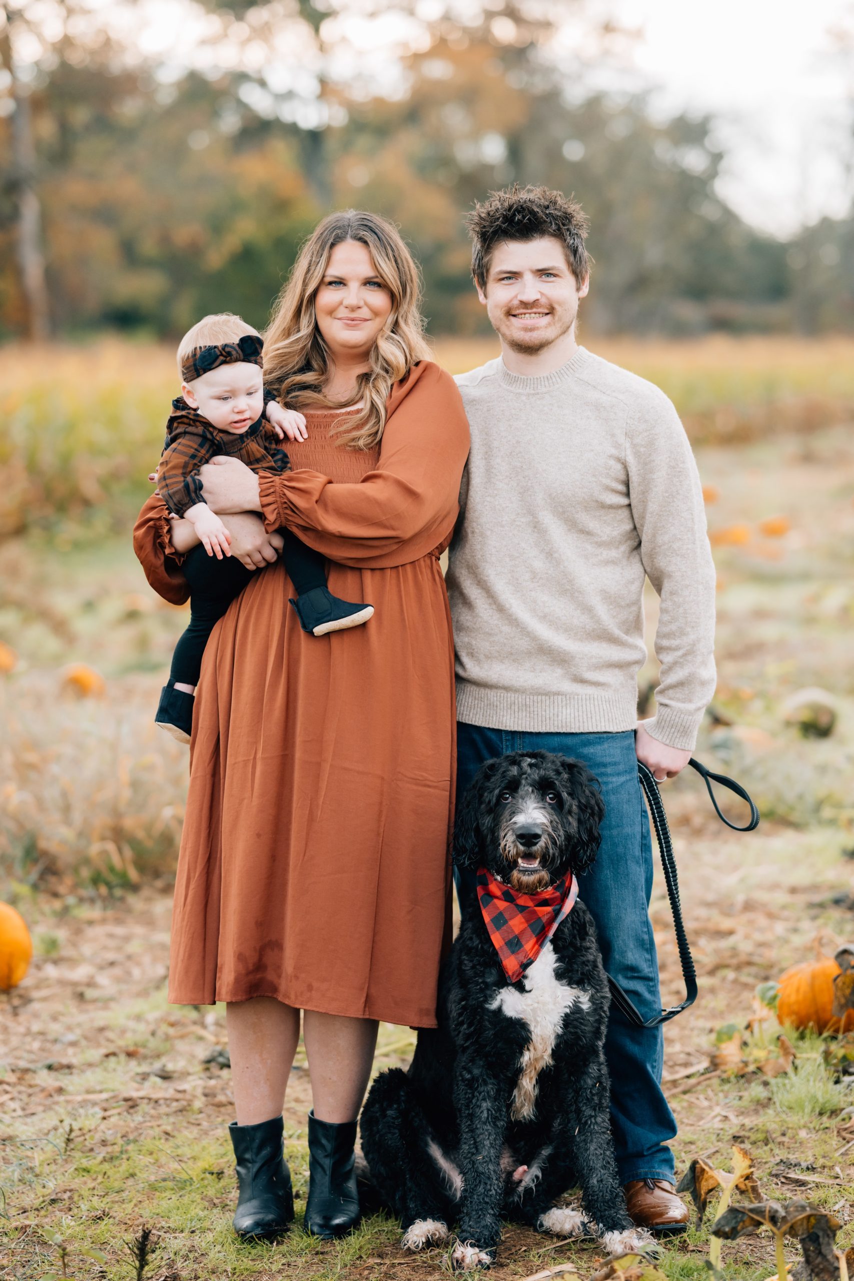 mom dad and dog pose at fall mini session with Golden Heart Photography Flemington Fall Mini Session | New Jersey Portrait Photographer | The Newman Family