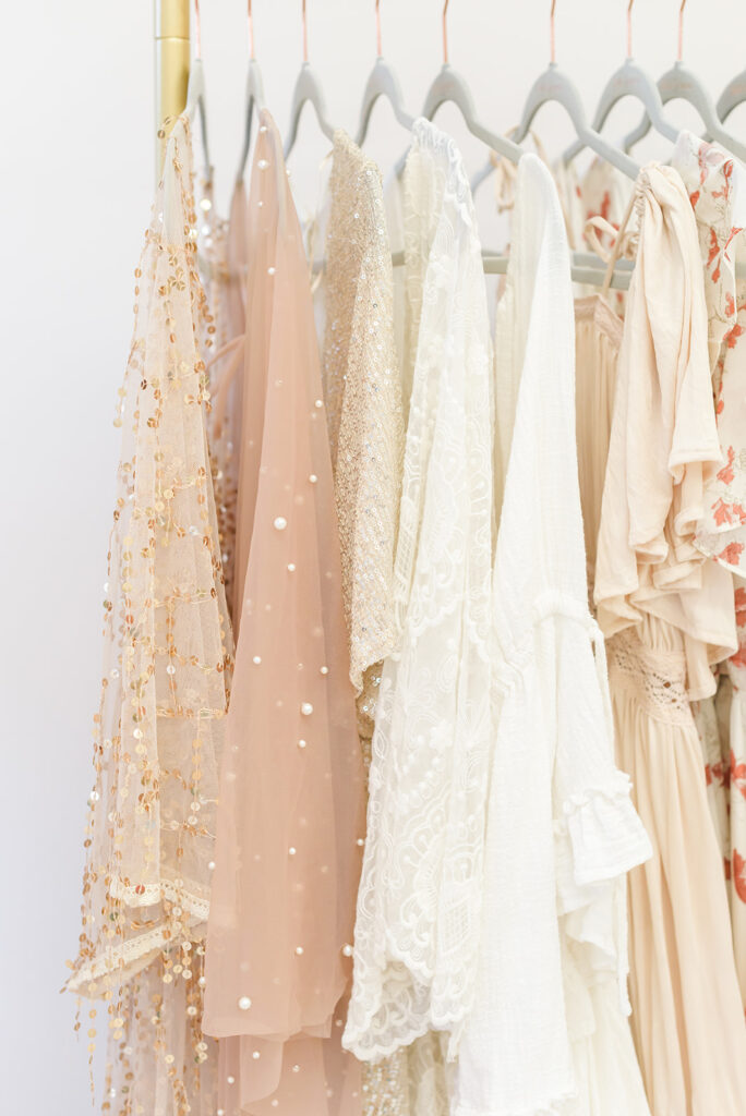 closeup of client closet dresses for Golden Heart photography