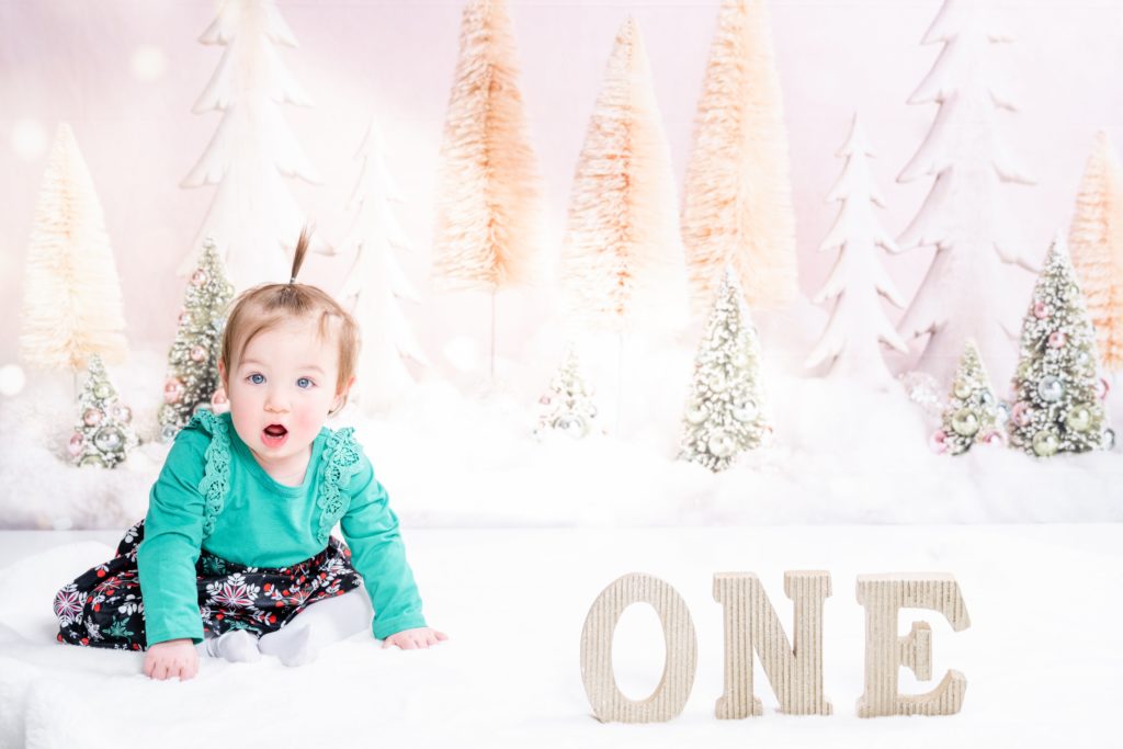 toddler poses with ONE sign at first birthday session with Golden Heart Photography